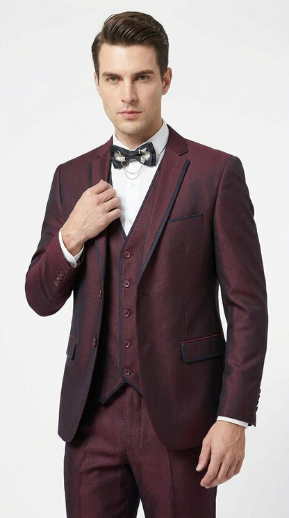 Men’s Burgundy Sharkskin Tuxedo with Satin Trim, Vested Formal Wedding and Prom Suit
