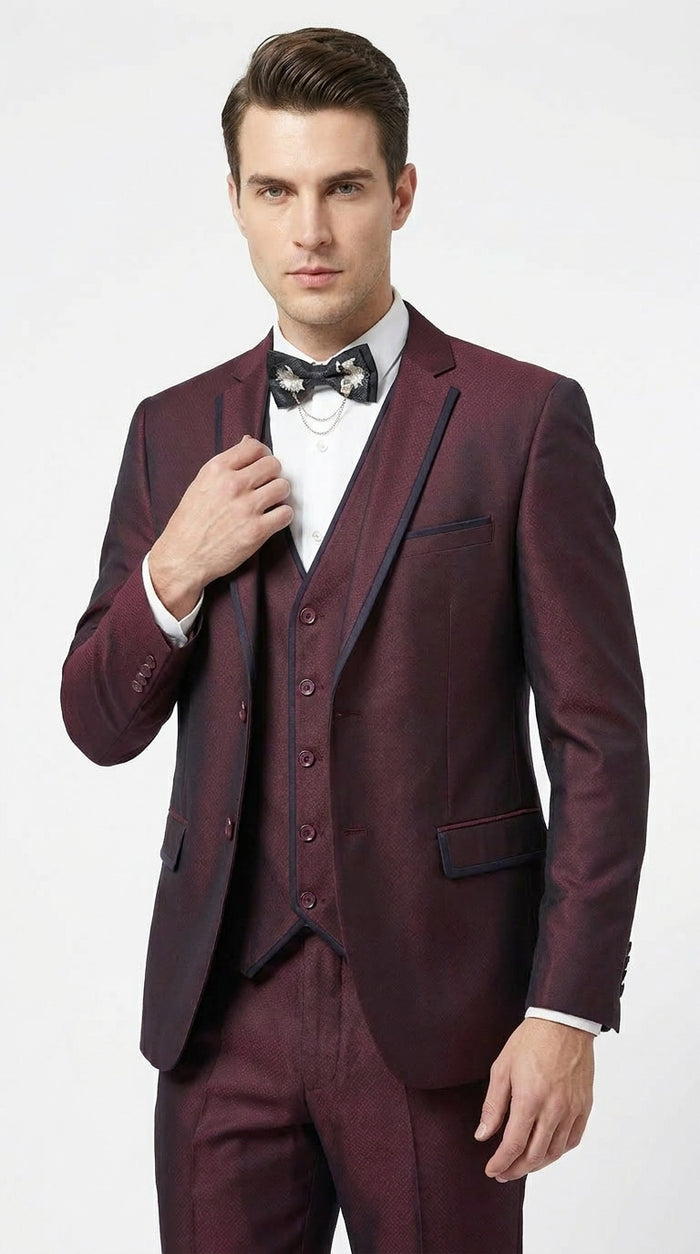 Men’s Burgundy Sharkskin Tuxedo with Satin Trim, Vested Formal Wedding and Prom Suit