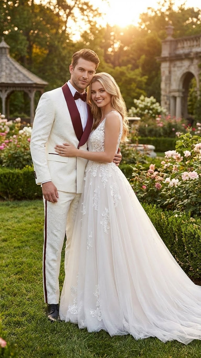Mens Ivory and Burgundy Jacquard Tuxedo Suit  Luxury Slim Fit 3-Piece Formal Wedding, Prom, and Gala Outfit in Cream Off White Color