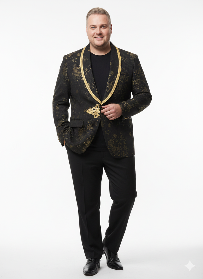 Mens Black and Gold Embroidered Luxury Blazer  Designer Floral Pattern Wedding & Party Jacket (Sim534)