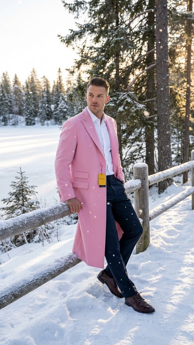Mens Pink Wool Blend Long Overcoat  Slim Fit Tailored Winter Coat - Carcoat - Topcoat