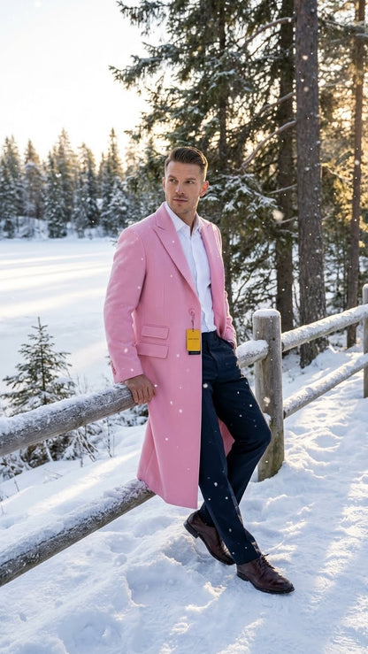 Mens Pink Wool Blend Long Overcoat  Slim Fit Tailored Winter Coat - Carcoat - Topcoat