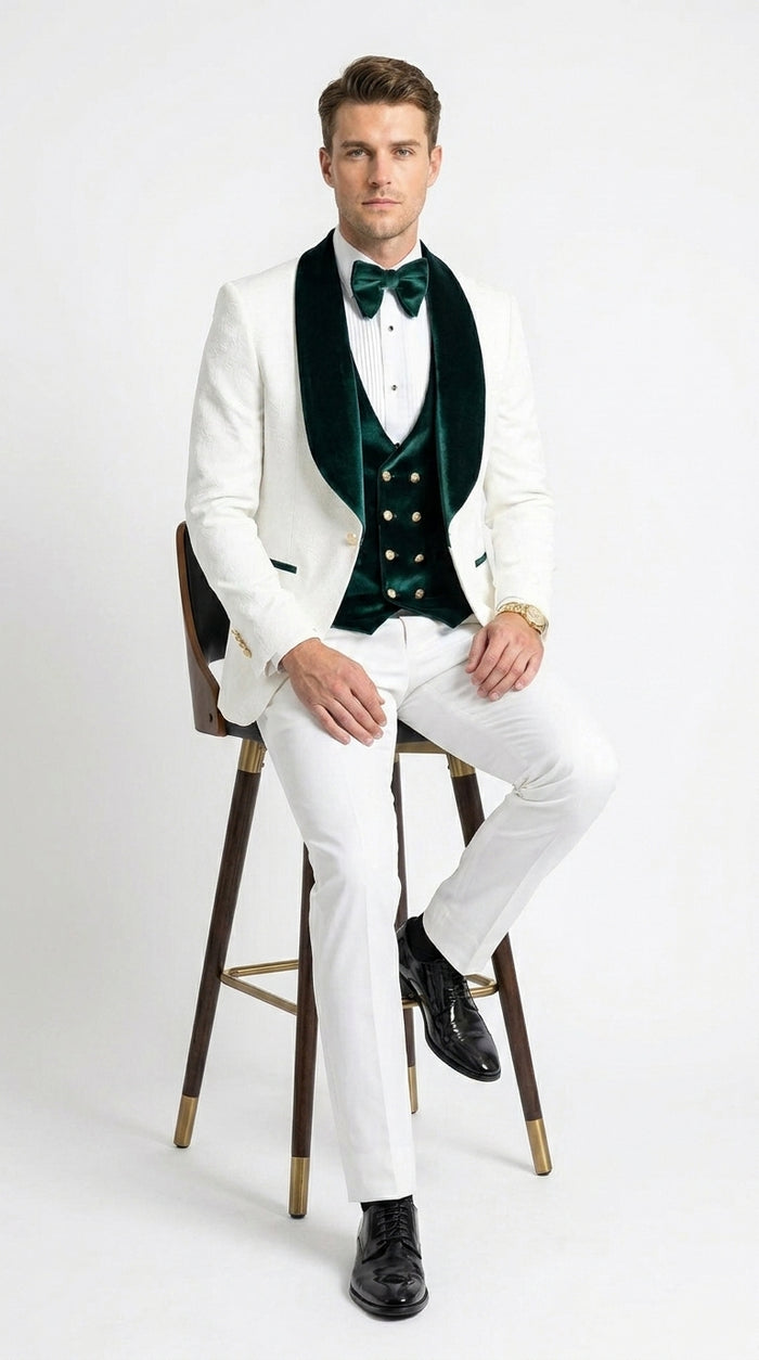 Men’s White and Green Tuxedo Wedding Suit with Shawl Lapel, Velvet Vest and Pants