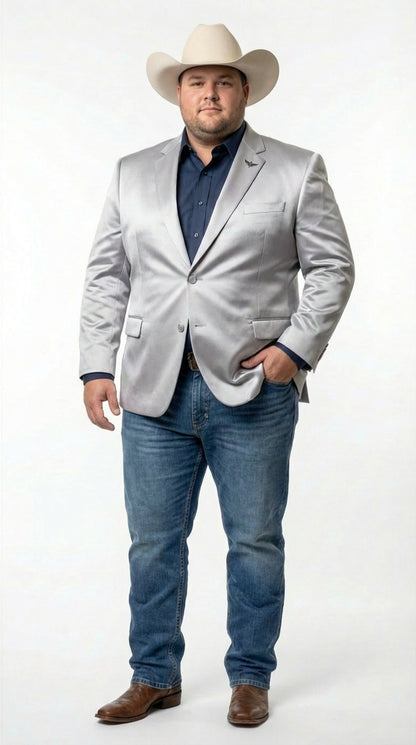 Mens Shiny Silver Cowboy Blazer – Western Style Satin Finish Blazer for Party, Country Events and Evening Wear