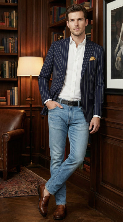 Mens Navy Blue Pinstripe Blazer – Classic Tailored Formal Jacket for Business, Office and Smart Casual Wear