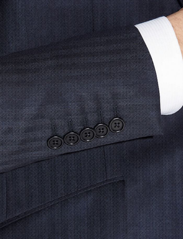 Men’s Navy Herringbone Textured 3 Piece Suit Set, Classic Formal Blazer, Waistcoat and Trouser Outfit