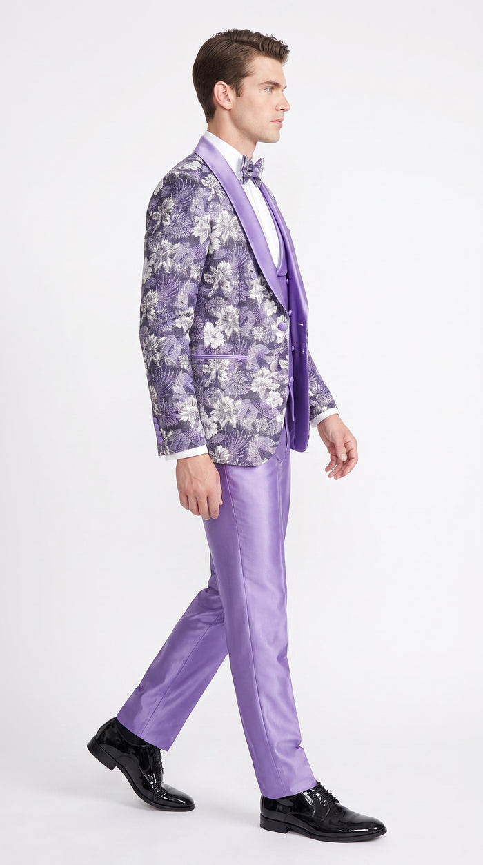Men’s Lilac Lavender Prom Suit – Floral Shawl Lapel 3 Piece Tuxedo with Matching Vest and Pants