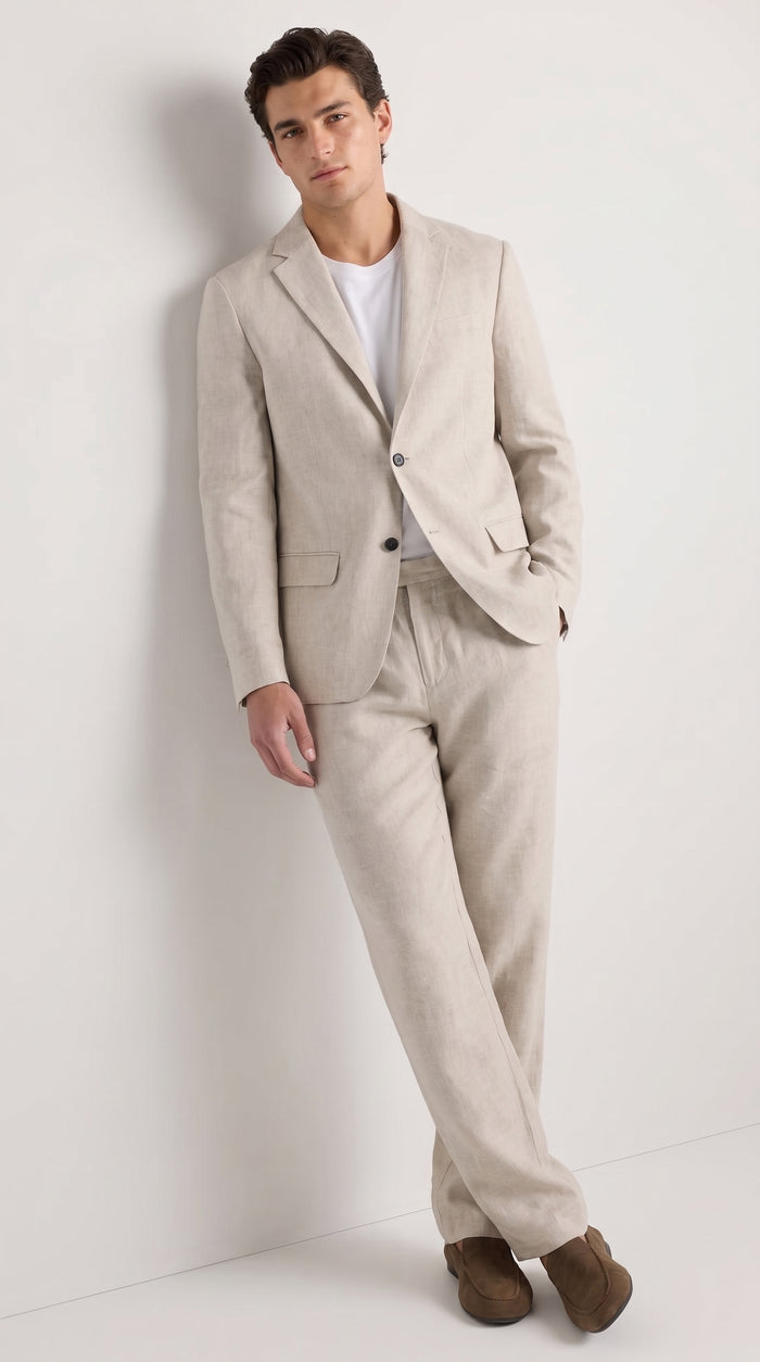 Men’s Informal Summer Suit, Light Beige Casual Linen Style Blazer and Pants Set