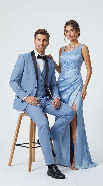 Men’s Powder Blue 3 Piece Tuxedo Suit – Light Blue Shawl Lapel Wedding Prom Suit with Vest