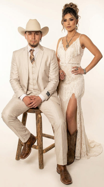 Men’s Sand champaign  Western Cowboy 3-Piece Suit – Light Cream Wedding Suit with Vest & Pants Slim Fitted