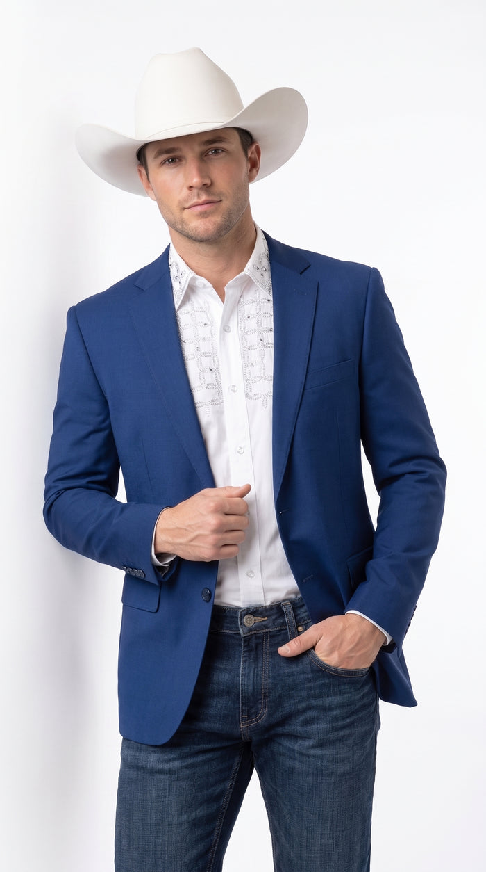 Men’s Dark Royal Blue Western Blazer – Cowboy Sport Coat Jacket with Two-Button Front Saphire Indigo Cobalt Blue