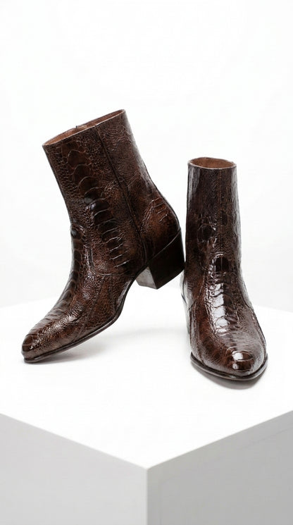 Men’s Brown Cuban Heel Boots – Exotic Ostrich Leg & Ostrich Quill Pointed Toe Dress Boots By Los Altos