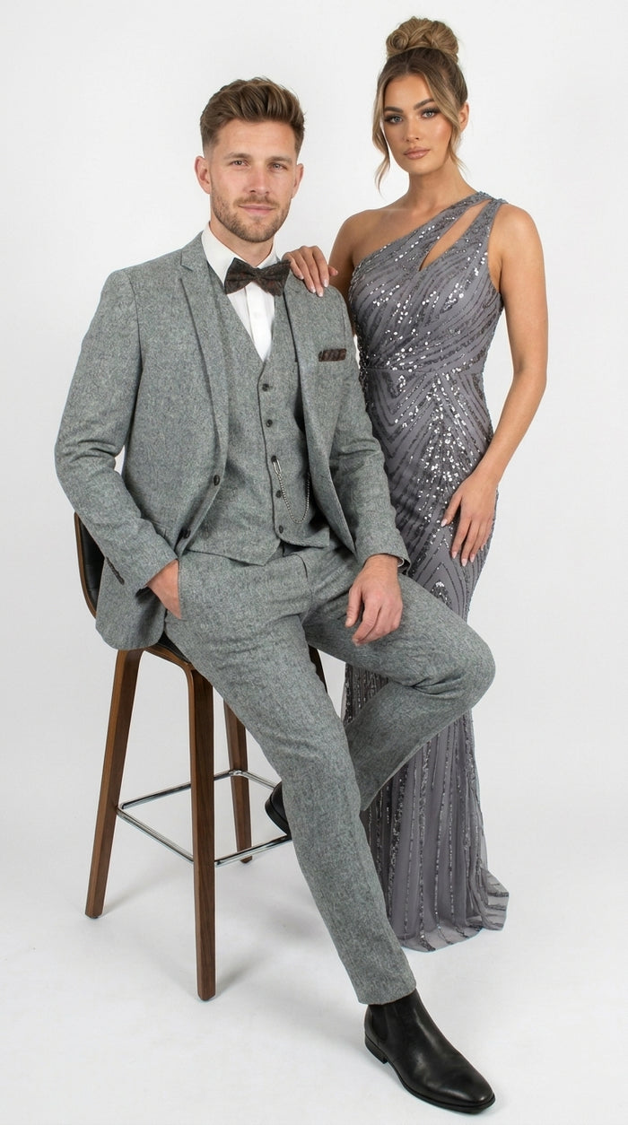 Men’s Grey Edwardian 3 Piece Suit – Vintage Victorian Wedding Suit with Vest Herringbone Tweed Fabric