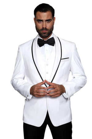 3-Piece Tailored Fit Wool Suit with Bow Tie and Flat Front Pants - White