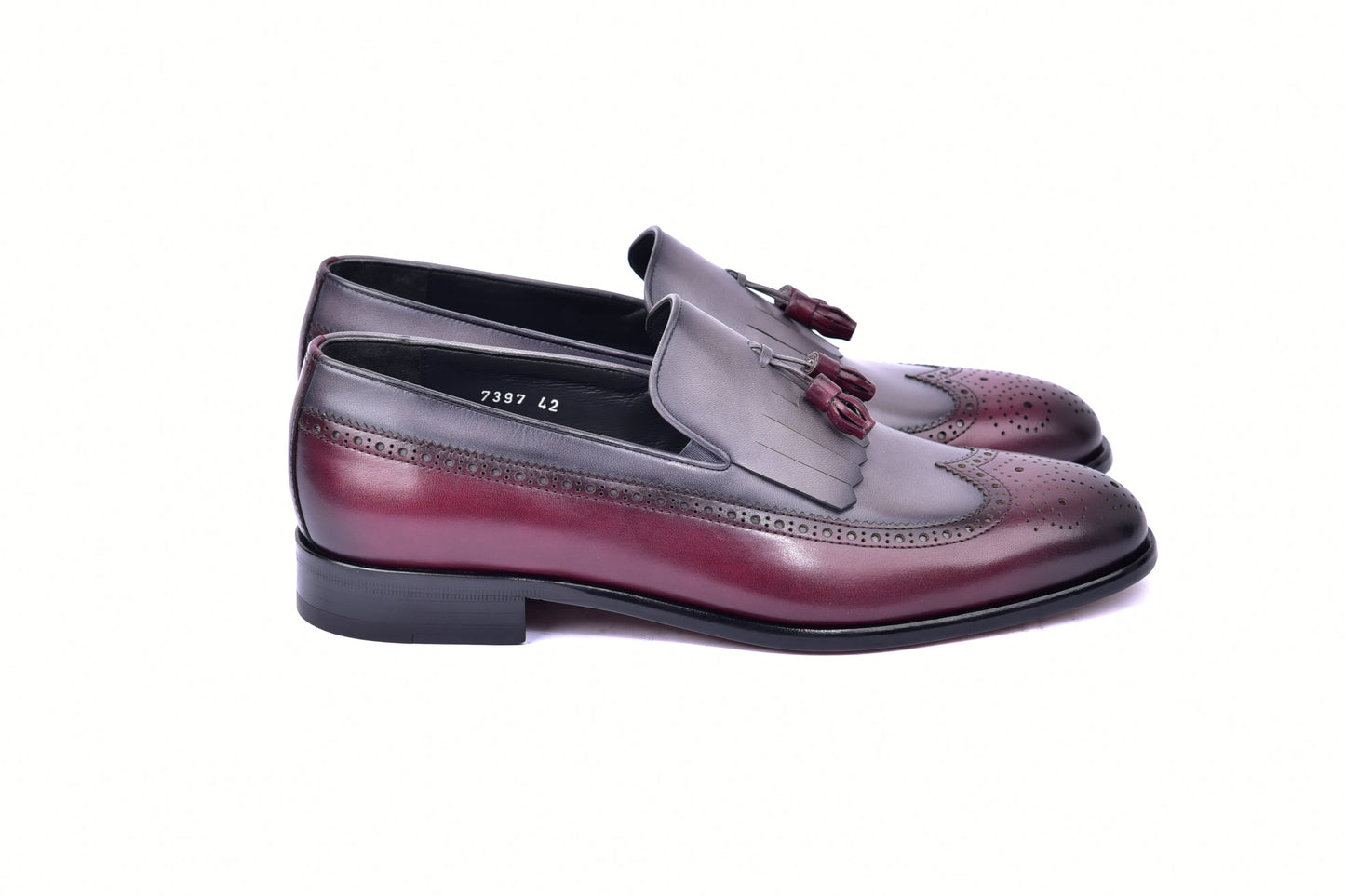 C00018-7397 Wing tip Kiltie Tassel Loafer-Burgundy/Grey