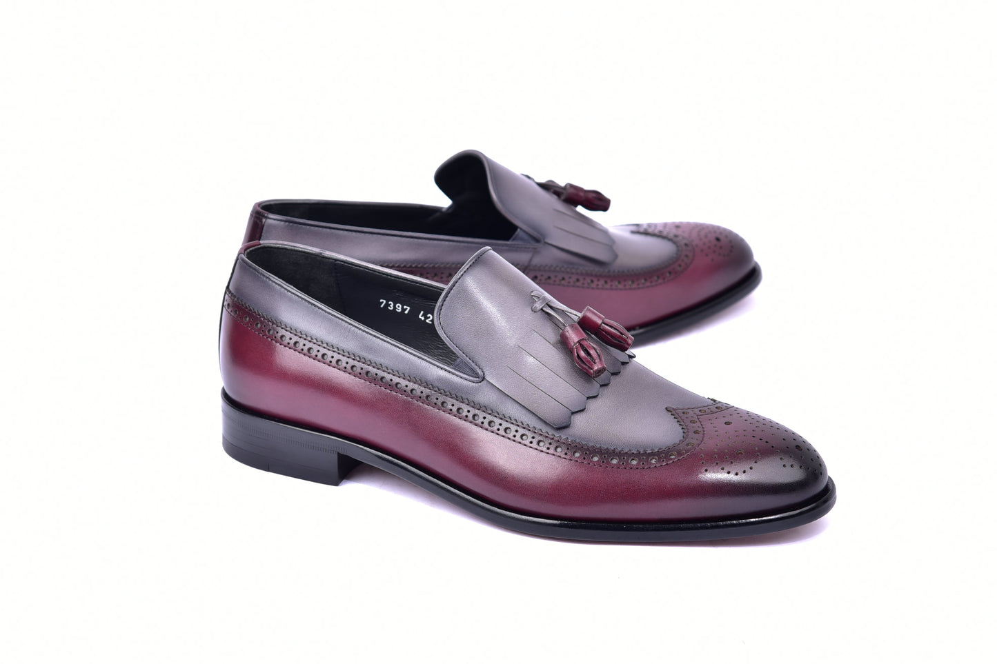 C00018-7397 Wing tip Kiltie Tassel Loafer-Burgundy/Grey