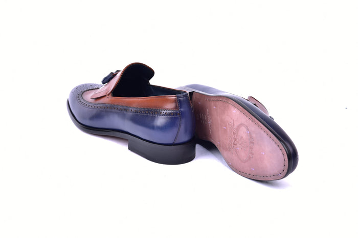 C00019-7397 Wing tip Kiltie Tassel Loafer-Navy/Tan
