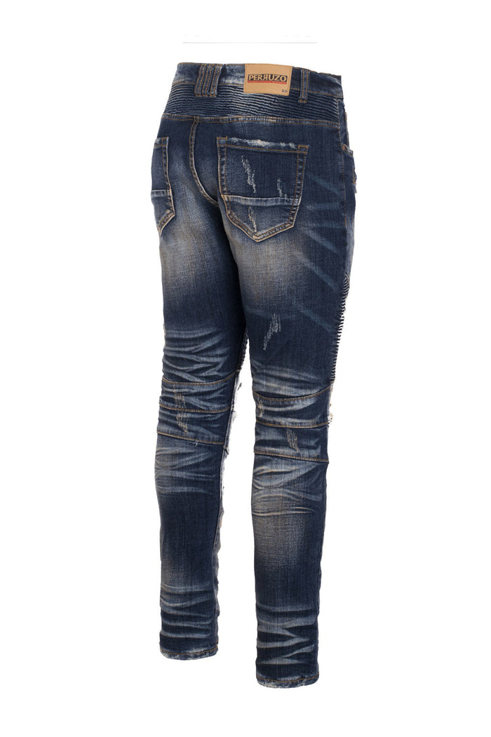 Distressed Moto Jeans in demin