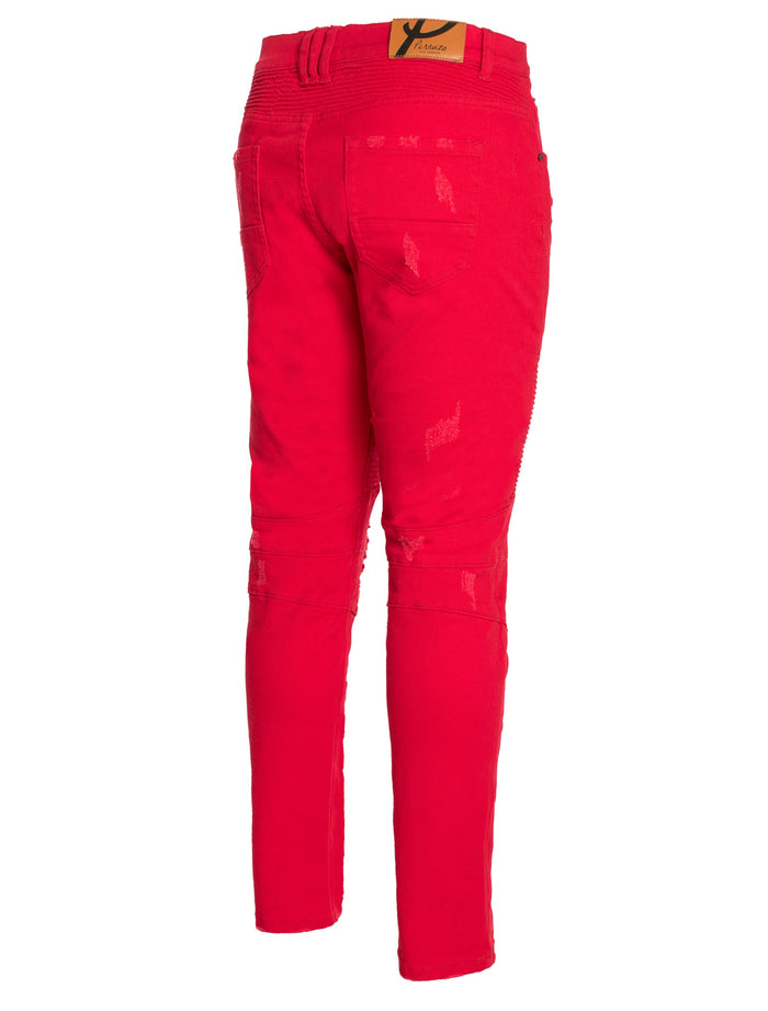 Distressed Moto Jeans  in Red color