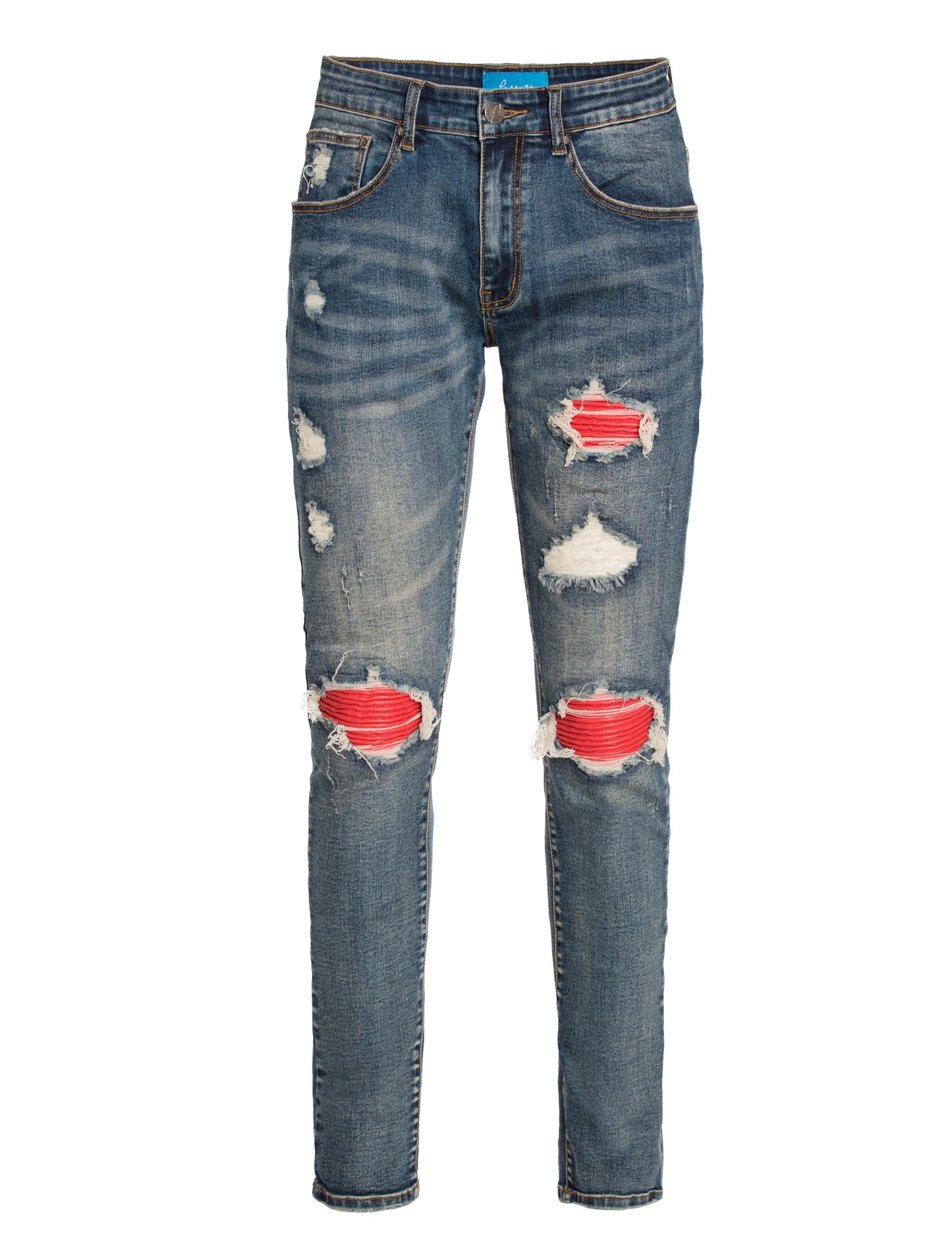 PX Indigo denim , quilted red patches