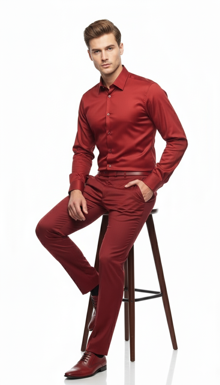 Mens Red Satin Dress Shirt  Luxury Long Sleeve Formal Shirt for Parties, Weddings, and Business Wear