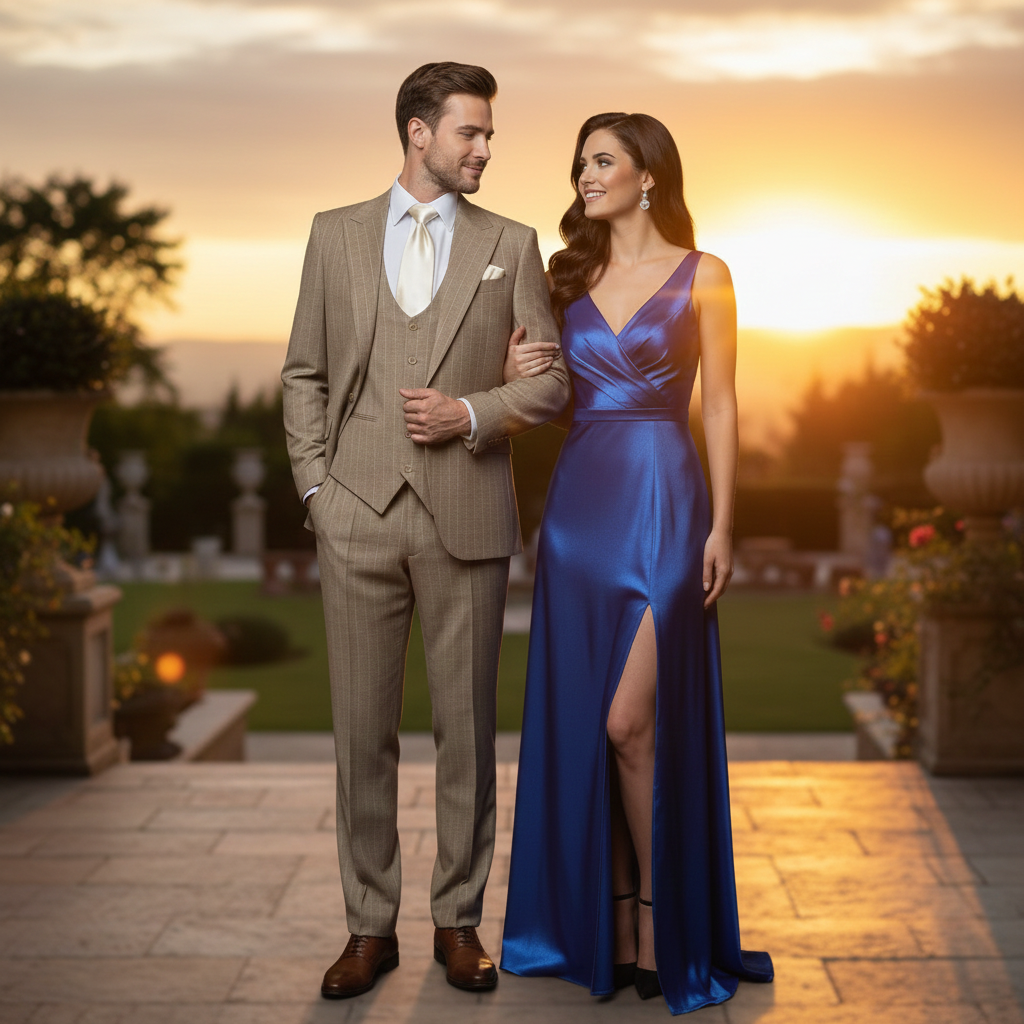 Mens Beige Pinstripe Three-Piece Suit  Classic Fit Formal Suit with Vest and Flat-Front Pants in Tan Stripe By Rossiman