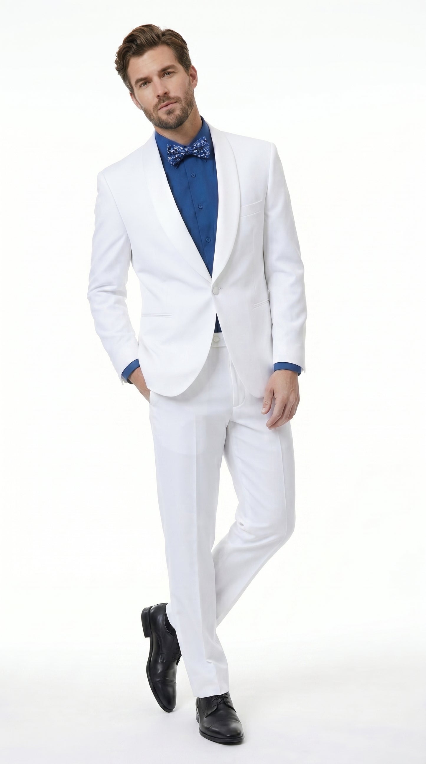 Men’s White Classic Microfiber Shawl Tuxedo with Jacket and Pants, Formal Wedding Dinner Suit