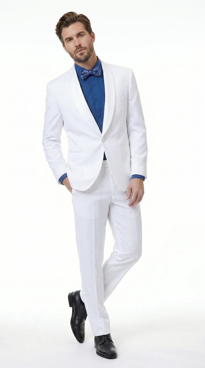 Men’s White Classic Microfiber Shawl Tuxedo with Jacket and Pants, Formal Wedding Dinner Suit