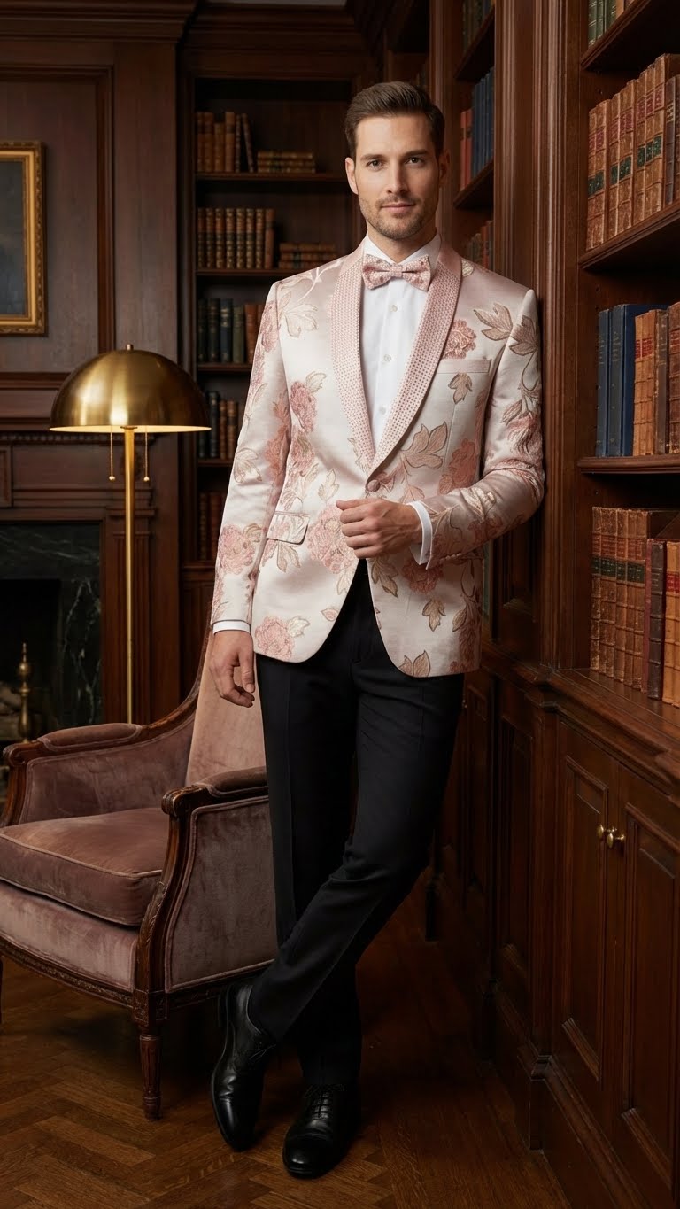 Mens Pink Blush Floral Jacquard Blazer with Embellished Shawl Lapel  Luxury Party and Wedding Wear Jacket