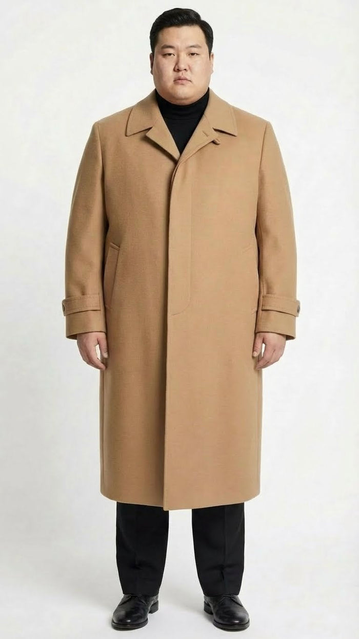 Mens Full-Length Camel Overcoat  Classic Long Microfiber-Blend Coat for Winter and Formal Wear Maxi Duster Coat