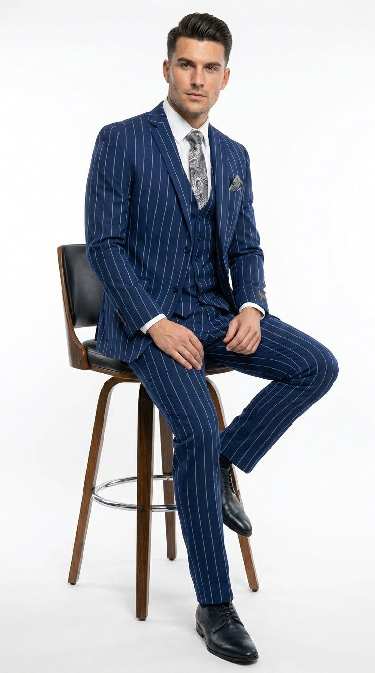 Men’s Navy Blue 1920s Gangster Stripe Vested Suit with White Pinstripes, 2 Button Dress Suit