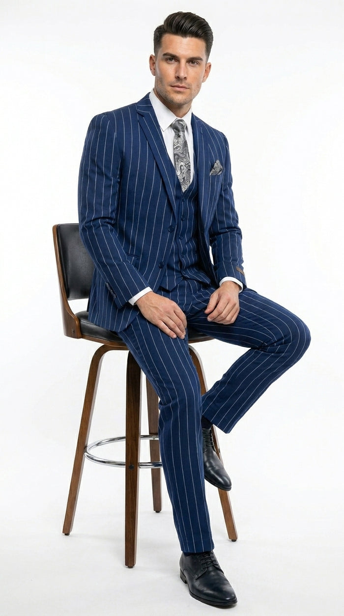 Men’s Navy Blue 1920s Gangster Stripe Vested Suit with White Pinstripes, 2 Button Dress Suit