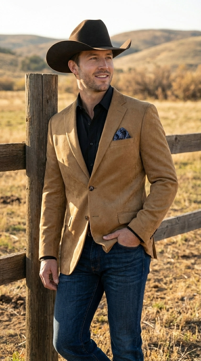 Men’s Camel Suede Cowboy Blazer with Elbow Patch – Camel Western Style Suede Sport Coat for Casual