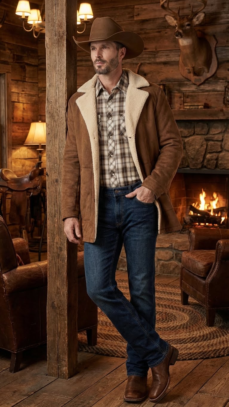 Men’s Brown Western Faux Suede Blazer Coat – Cowboy Style Long Jacket for Wedding, Party and Special Events