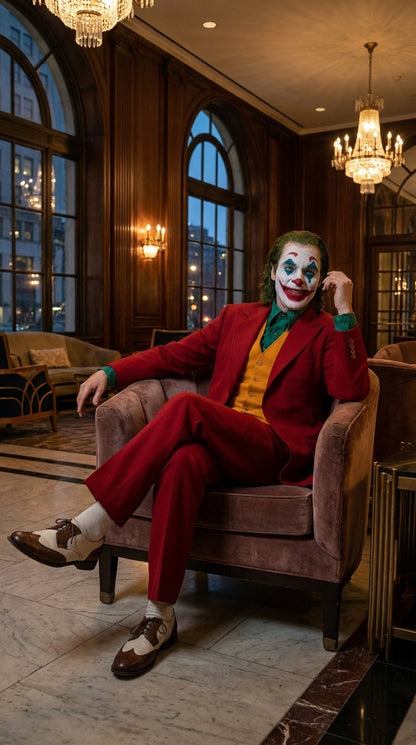 Men's Joker 2019 Red 3-Piece Suit – Joaquin Phoenix Movie-Inspired Costume with Orange Vest & Green Shirt & Tie Package