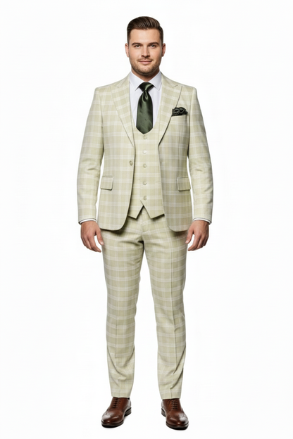 Mens Light Beige Check 3-Piece Suit Set  Premium Tailored Fit Formal Wedding and Spring Event Suit Light Tan Sand Color By Rossiman