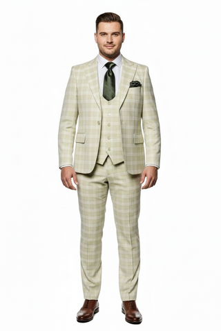 Men’s Light Beige Check 3-Piece Suit Set – Premium Tailored Fit Formal Wedding and Spring Event Suit Light Tan Sand Color By Rossiman