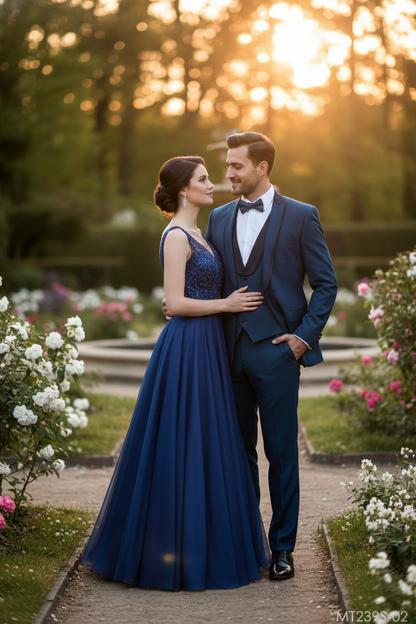 Mens Teal Blue Tuxedo  3-Piece Formal Suit with Satin Shawl Lapel, Vest, and Pants in Saphire Cobalt Blue Color