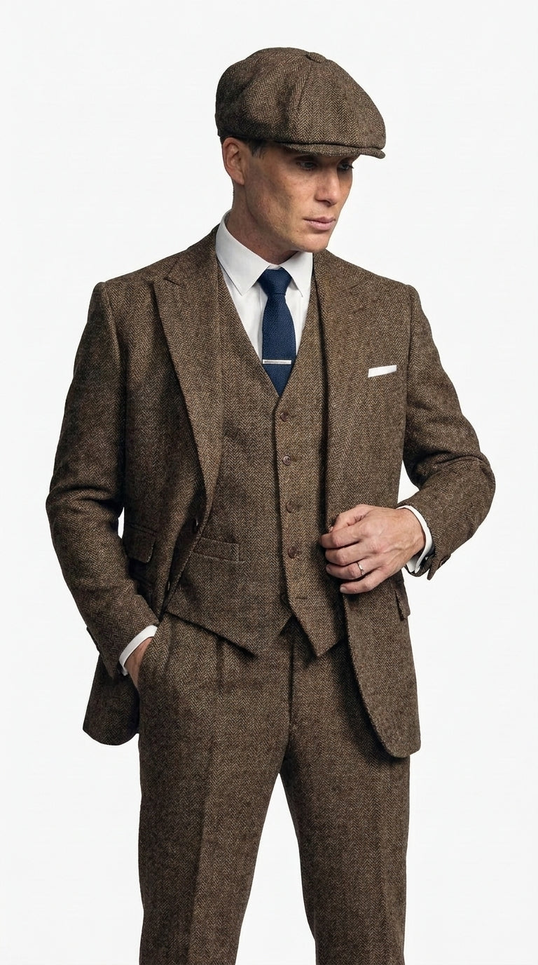 Men's Thomas Shelby Brown Herringbone 3-Piece Suit – Peaky Blinders 1920s Vintage-Style Suit with Matching Vest & Trousers