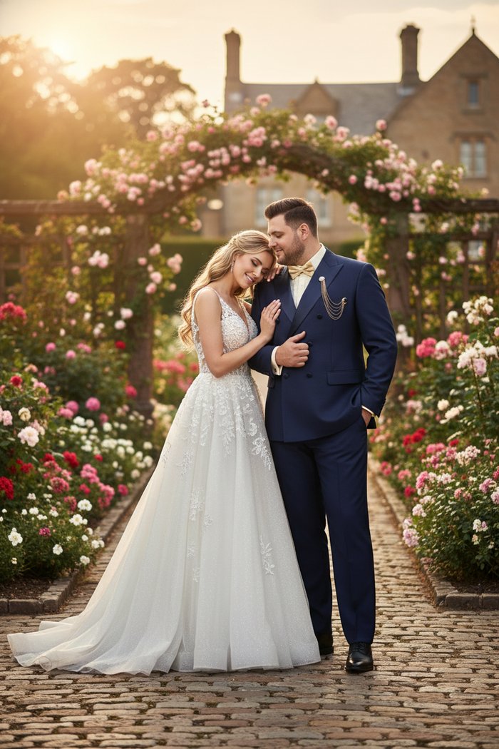 Mens Navy Blue Double-Breasted Tuxedo with navy Satin Peak Lapel Wedding Suit