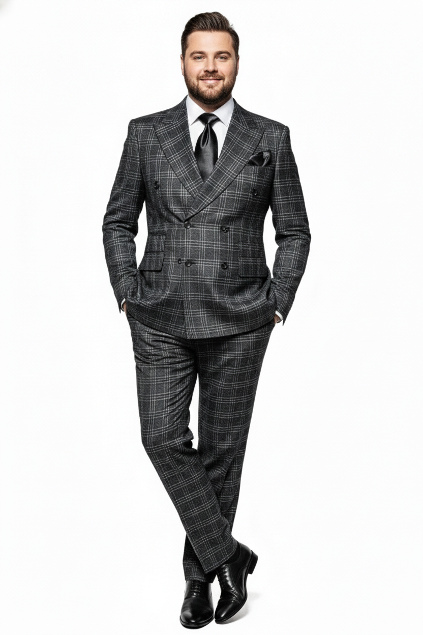 Mens Charcoal Plaid Double-Breasted Suit   Tailored Pants Windowpane Pattern By Rossiman