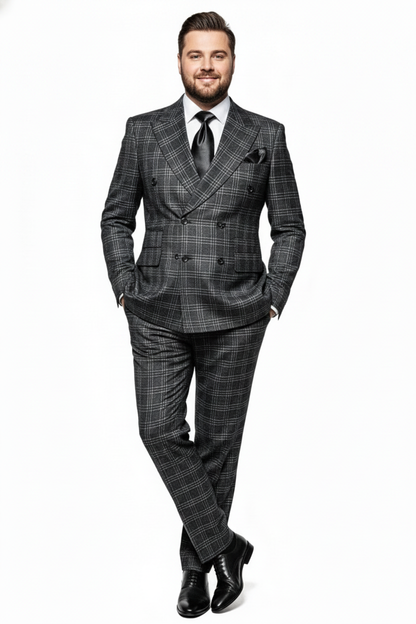 Mens Charcoal Plaid Double-Breasted Suit   Tailored Pants Windowpane Pattern By Rossiman