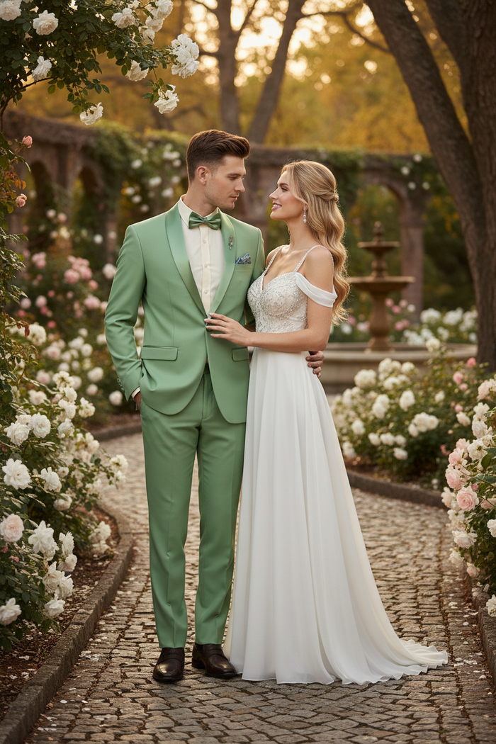 Mens Mint Green Tuxedo  2-Piece Formal Suit with Satin Shawl Lapel and Matching Bow Tie in  Sage Green