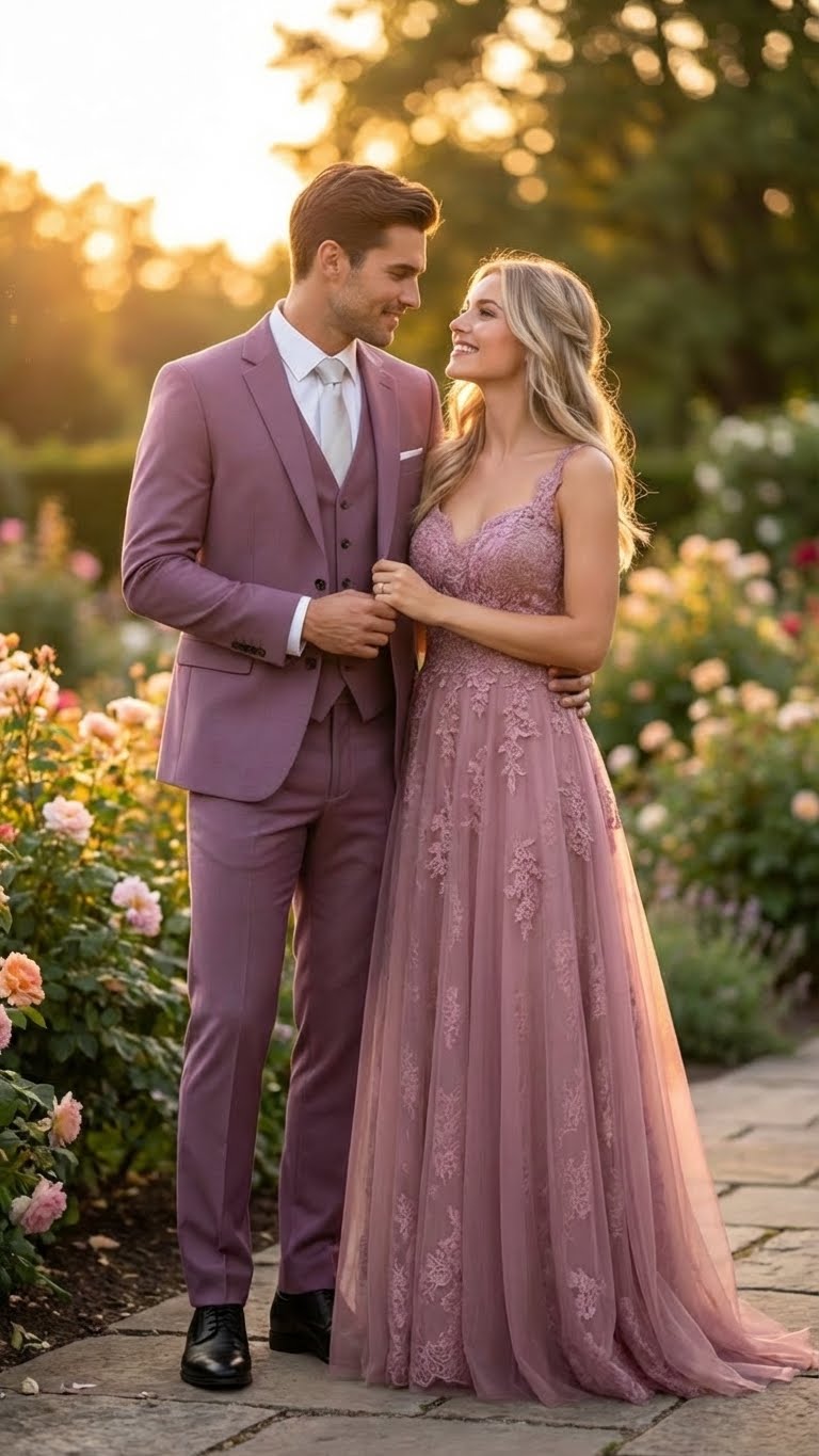 Mens Mauve Three-Piece Suit  Slim Fit Formal Blazer, Vest, and Trousers for Weddings Rose Gold Pinkish Color