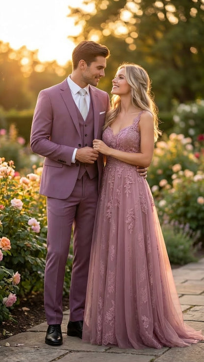 Mens Mauve Three-Piece Suit  Slim Fit Formal Blazer, Vest, and Trousers for Weddings Rose Gold Pinkish Color