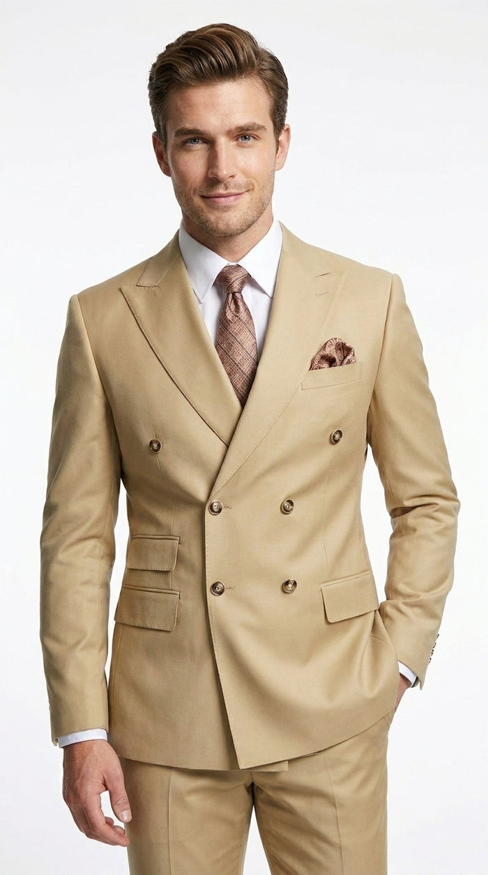 Mens Designer Modern Fit Double Breasted Designer Camel Gold Buttons Suit