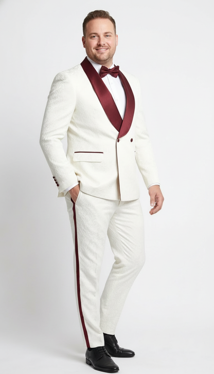 Mens Ivory and Burgundy Jacquard Tuxedo Suit  Luxury Slim Fit 3-Piece Formal Wedding, Prom, and Gala Outfit in Cream Off White Color