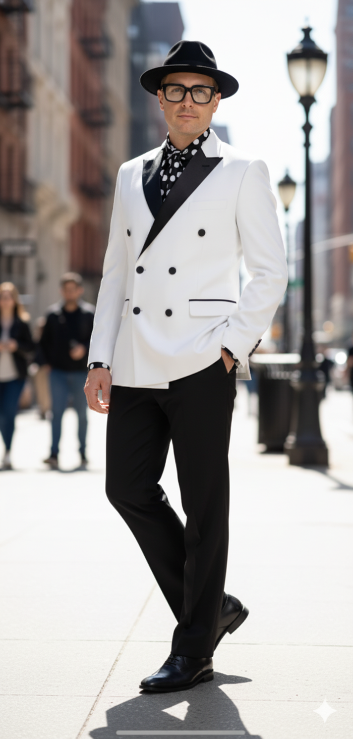 Mens White and Black Double-Breasted Tuxedo  Modern Slim Fit Formal Suit for Weddings, Parties, and Special Occasions