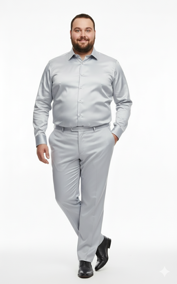 Mens Silver Satin Dress Shirt and Pants Set  Luxury Slim Fit Outfit for Parties, Weddings, and Formal Events