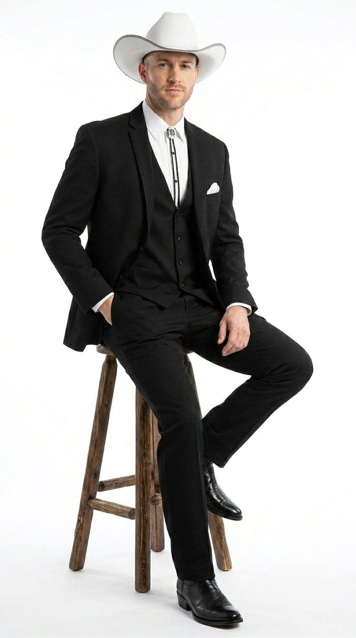 Men’s Black Western Wedding Suit with Vest and Pants, Cowboy Tuxedo Formal Dress Suit